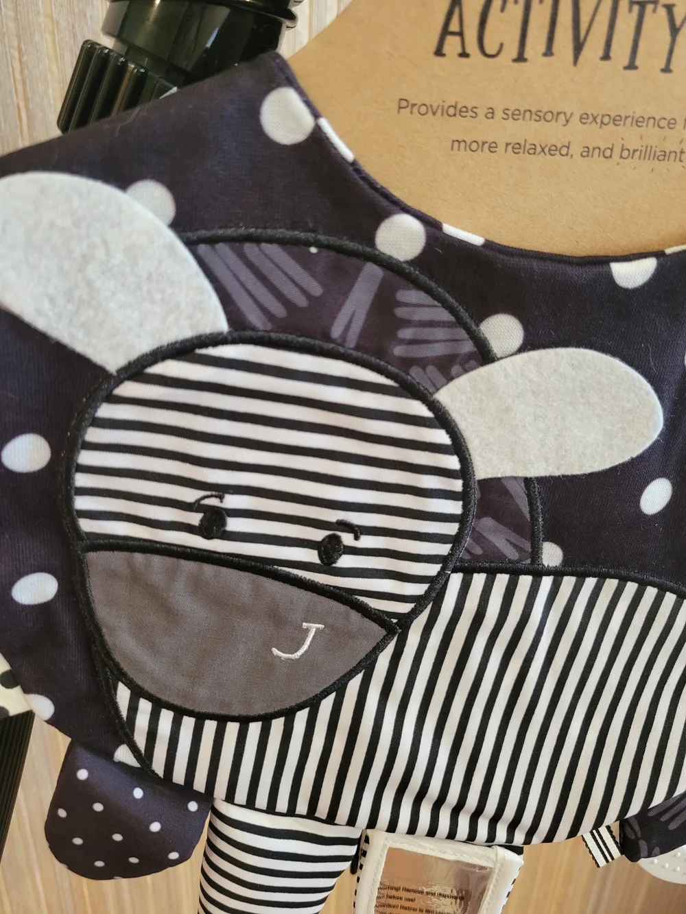 NWT Demdaco Black & White Polka Dot Activity Bib with Striped Zebra.